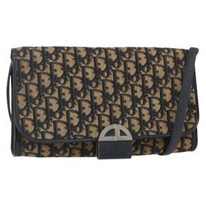 Authentic Christian Dior Trotter Canvas Shoulder Bag Navy Gold